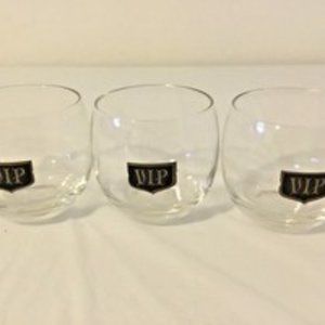 Set Of Three Vintage Clear Rounded Rocks Low Ball Glass Grey & Silver Etched VIP